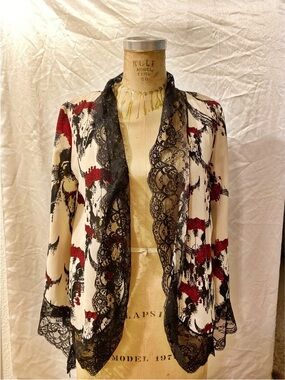 Original Sin Kimono Cow Skull & Rose Crown Print Open Front Lace Trim